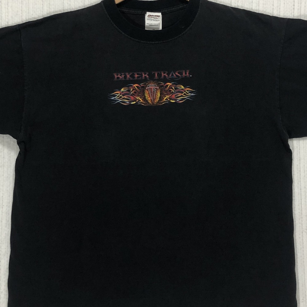 VTG Biker Trash T Shirt XXL Black Flames Graphic Denver Colorado Double Sided T